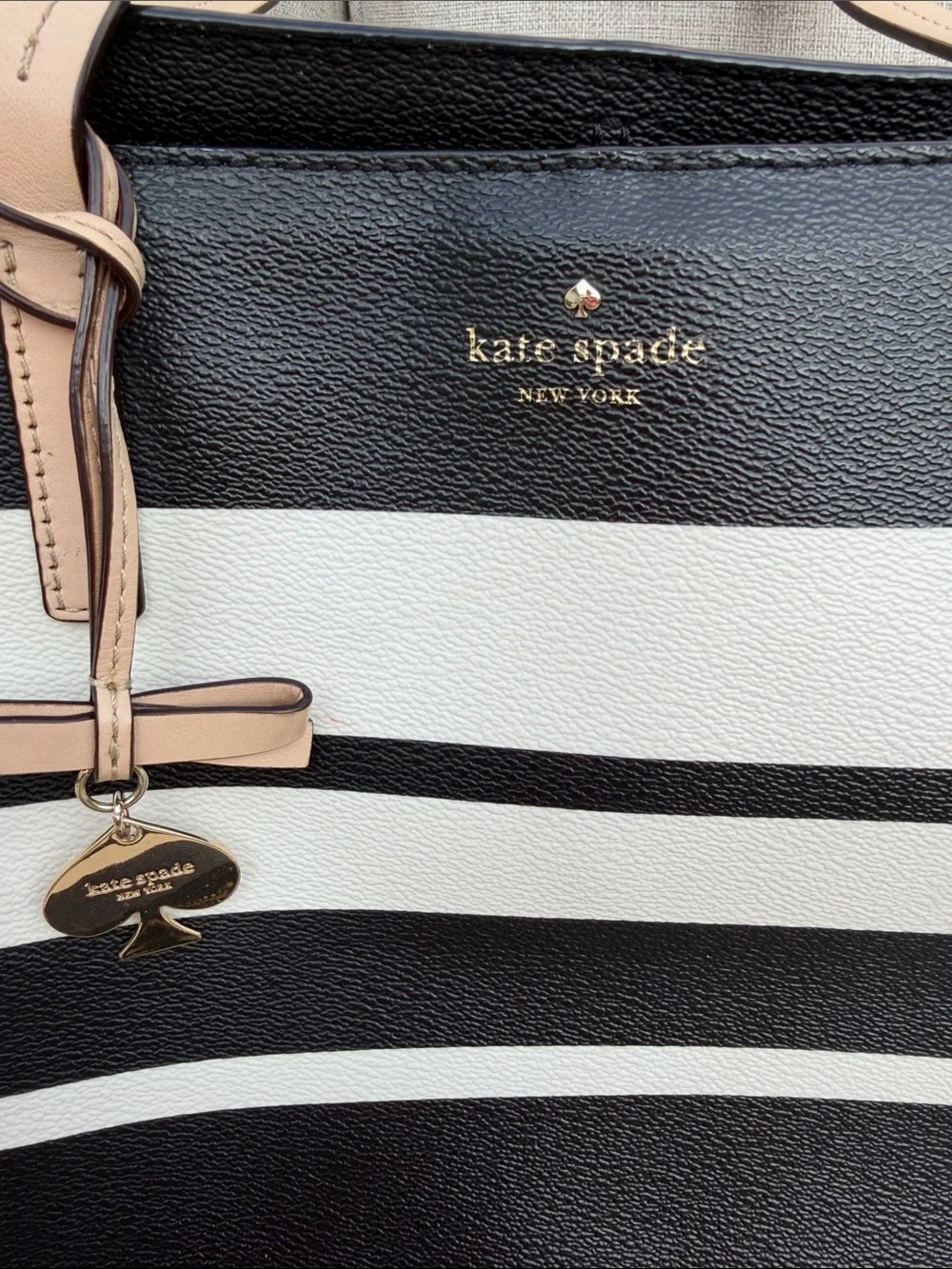 kate spade Black and White Striped Tote with Beige Handles and Matching Wallet